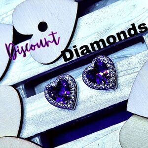 Heart Shaped Purple Amethyst & White Baguette Diamond Stud Earrings 925